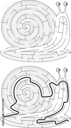 Easy snail maze for kids with a solution in black and white