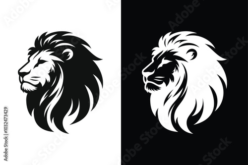 Lion black head vector silhouette icons icon set on white background.	