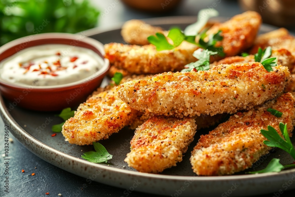 Golden crispy chicken tenders with dipping sauce and fresh herbs Golden crispy chicken tenders with dipping sauce and fresh herbs