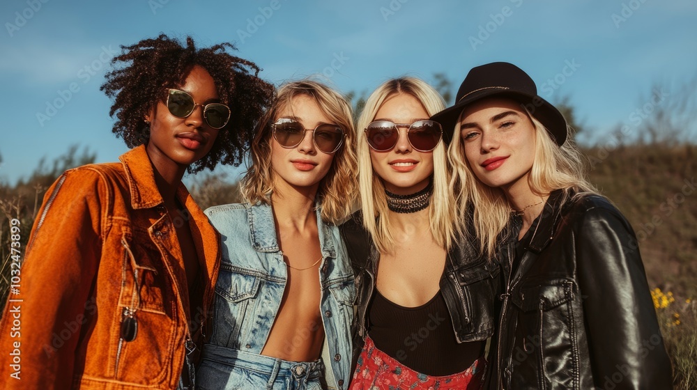 Stylish friends enjoying themselves outdoors, Generative AI Stylish friends enjoying themselves outdoors, Generative AI