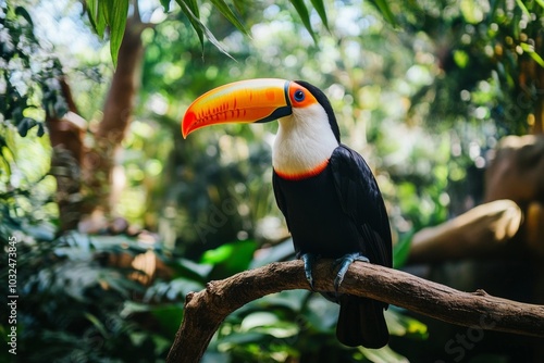 Vibrant toucan perched in lush tropical jungle setting photo