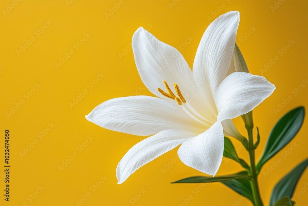 Naklejka premium Single White Lily Flower on a Yellow Background
