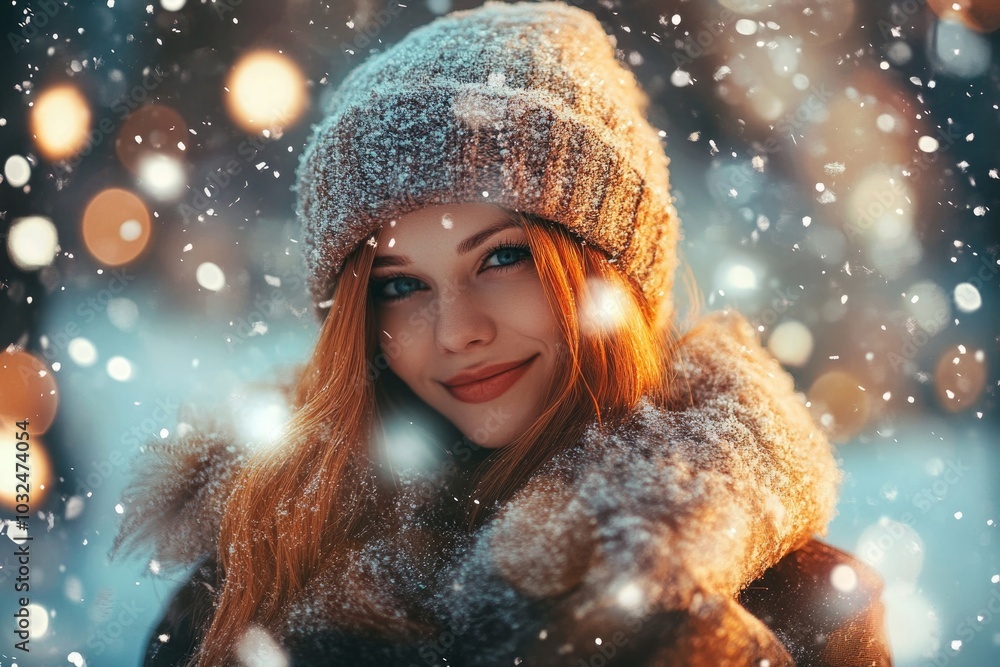 Smiling woman in winter attire surrounded by snowflakes and bokeh lights during snowy evening Smiling woman in winter attire surrounded by snowflakes and bokeh lights during snowy evening