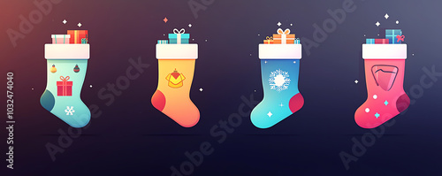 8bit style Christmas stockings, pixel art decor with gifts, nostalgic holiday vibe, 3D illustration photo