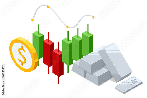 Isometric Investment Precious metals Silver. Silver bars. Investing Banking business. Increase in cost of precious metals. Investments in golden securities. Buying aurum ETF