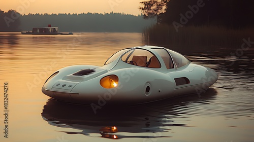 A futuristic, white, amphibious car floats on a calm lake at sunset. The car has a rounded design and a large, clear windshield.