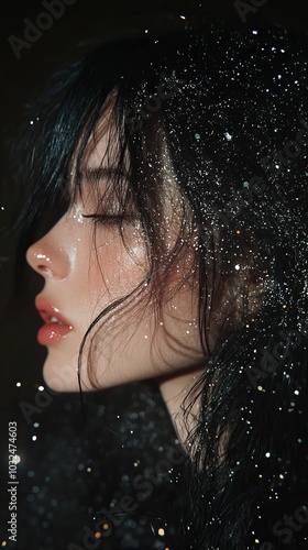 A young woman with long black hair has glitter falling all around her in a dramatic photo.