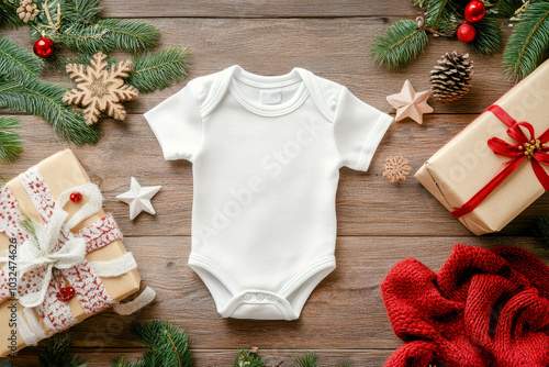 White blank baby onesie mockup on wooden table with Christmas decorations and gift box, top view. Mock-up template for graphic design presentation of children's brand print	 photo