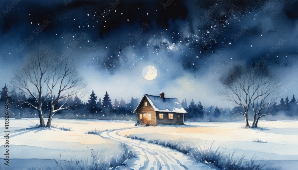 Nestled in a snowy expanse, a charming cabin glows warmly against the backdrop of a star-studded sky, creating a tranquil winter evening atmosphere, watercolor Nestled in a snowy expanse, a charming cabin glows warmly against the backdrop of a star-studded sky, creating a tranquil winter evening atmosphere, watercolor