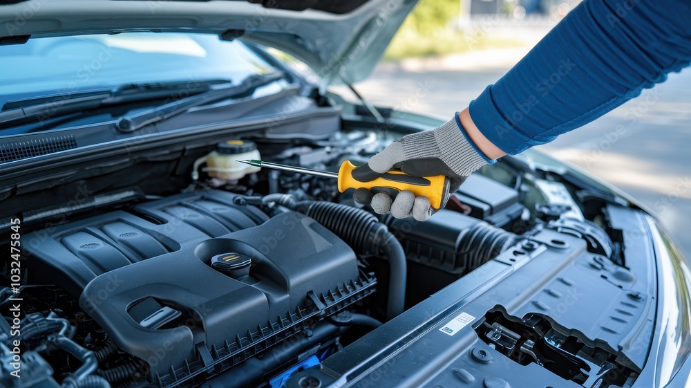 Car maintenance with a person using a screwdriver under the hood, clear focus. Car maintenance with a person using a screwdriver under the hood, clear focus.