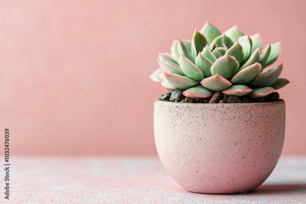Green Succulent Plant in a Pink Pot on a Pink Surface Green Succulent Plant in a Pink Pot on a Pink Surface