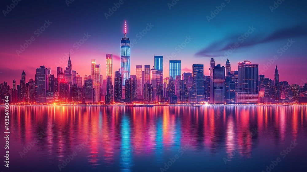 Fototapeta premium Skyline at night with the city’s skyscrapers illuminated in a reflection of neon light on water