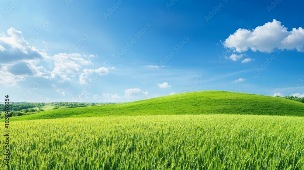 A serene landscape featuring rolling green hills under a bright blue sky with fluffy clouds. A serene landscape featuring rolling green hills under a bright blue sky with fluffy clouds.