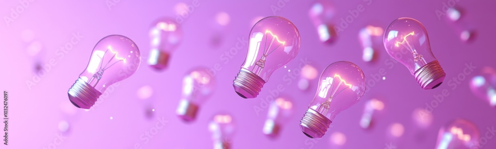 Several light bulbs are floating in the air on a pink background