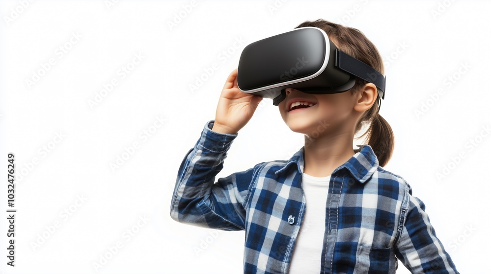 Portrait of kid using virtual reality headset, isolated on white background Portrait of kid using virtual reality headset, isolated on white background