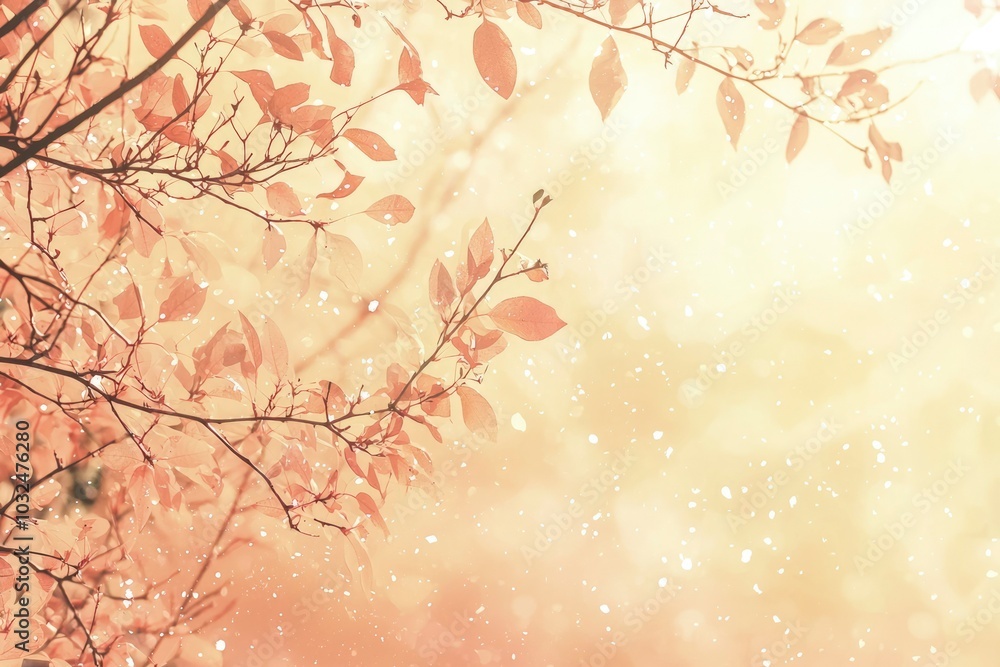 Delicate Branch with Falling Autumn Leaves Against a Golden Sky Delicate Branch with Falling Autumn Leaves Against a Golden Sky