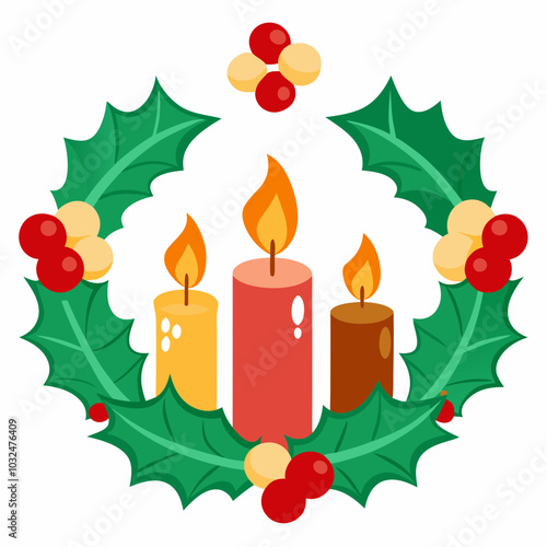 Christmas candles and holly a clip art illustration