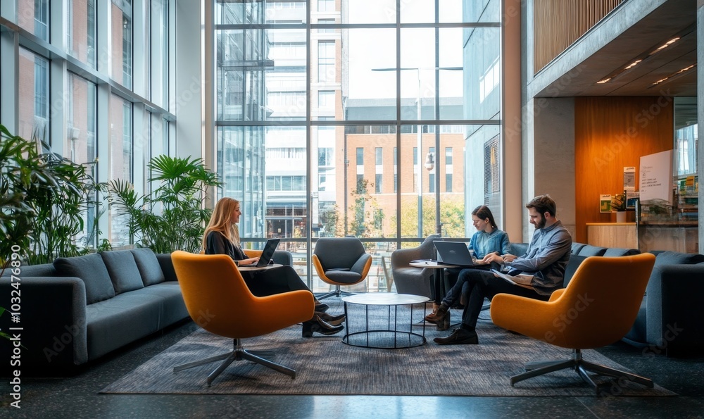 Colleagues working together in an office lobby, Generative AI Colleagues working together in an office lobby, Generative AI