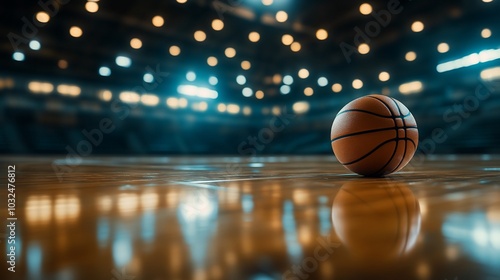A basketball sits on a hardwood court in an empty arena, under the bright lights.