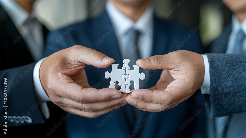 Business leaders collaborating to assemble puzzle pieces symbolizing teamwork strategy and achievement of organizational goals and growth Business leaders collaborating to assemble puzzle pieces symbolizing teamwork strategy and achievement of organizational goals and growth