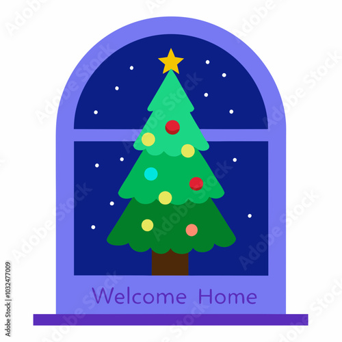  Welcome home Christmas tree in window vector illustration