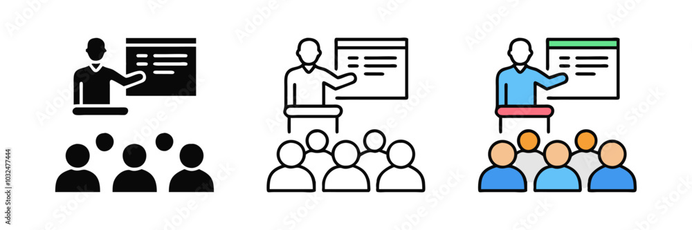 Lecture icons depicting a speaker presenting to an audience, symbolizing education, seminars, and public speaking. Simple vector illustrations perfect for educational projects and event promotions. Lecture icons depicting a speaker presenting to an audience, symbolizing education, seminars, and public speaking. Simple vector illustrations perfect for educational projects and event promotions.