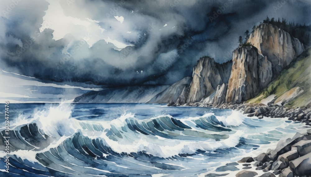Waves churn and crash along a rocky shore, framed by towering cliffs. Dark clouds loom overhead, hinting at an approaching storm at twilight, watercolor Waves churn and crash along a rocky shore, framed by towering cliffs. Dark clouds loom overhead, hinting at an approaching storm at twilight, watercolor