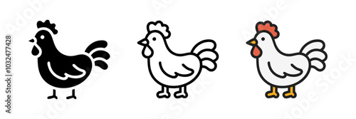 Chicken icons featuring simple and clear designs, representing farming and agriculture, focusing on both meat and egg production. Ideal for food-related projects, apps, and vector illustrations.