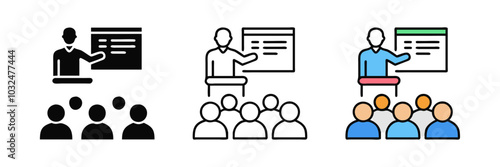 Lecture icons depicting a speaker presenting to an audience, symbolizing education, seminars, and public speaking. Simple vector illustrations perfect for educational projects and event promotions.