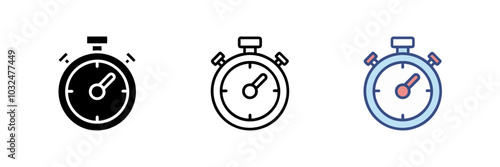 Stopwatch icon set with chronometer and timer designs. Simple stopwatch logo on white background. Versatile vector illustration for time-related projects, apps, and branding. Clean, modern design.