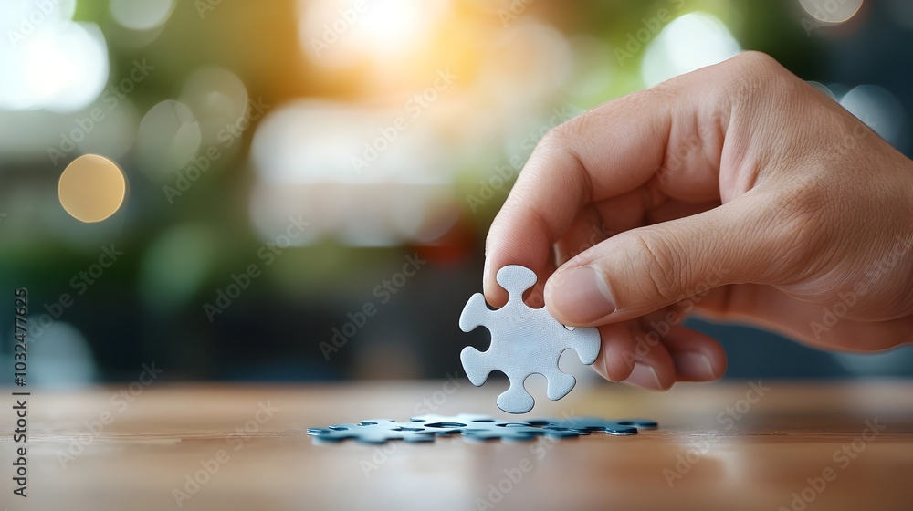 Hand Placing a Single Jigsaw Puzzle Piece to Represent the Concept of Business Problem Solving and Strategic Planning for Success Hand Placing a Single Jigsaw Puzzle Piece to Represent the Concept of Business Problem Solving and Strategic Planning for Success
