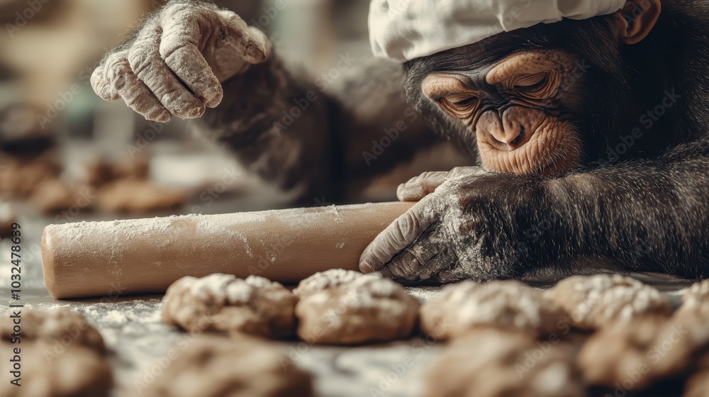 A chimpanzee engrossed in baking, wearing a chef's hat, and rolling dough in a kitchen, skillfully capturing the essence of creativity and precision. A chimpanzee engrossed in baking, wearing a chef's hat, and rolling dough in a kitchen, skillfully capturing the essence of creativity and precision.