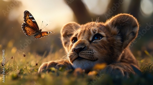 A curious lion cub lies in a field of grass, watching a butterfly flutter by in the golden sunlight.