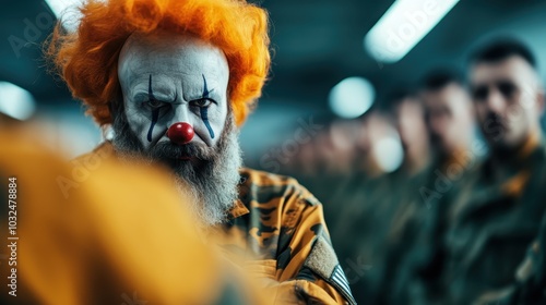 A bearded clown stands in line with soldiers, wearing a yellow camouflage uniform, creating a contrast between humor and discipline within a military context. photo