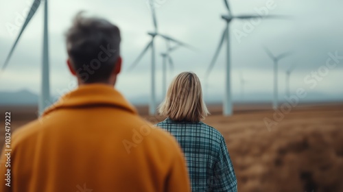 Two individuals stand back to camera, donning colorful coats, observing a sprawling field of towering wind turbines that symbolize renewable energy and future sustainability. photo