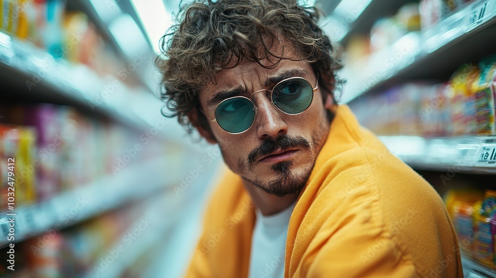 A man with curly hair and stylish sunglasses stands confidently in a grocery store aisle, dressed in a vibrant yellow jacket, exuding a cool demeanor. A man with curly hair and stylish sunglasses stands confidently in a grocery store aisle, dressed in a vibrant yellow jacket, exuding a cool demeanor.