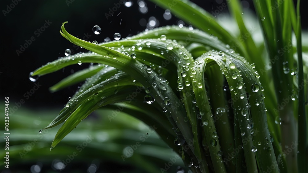 Macro Shot of Fresh Green Onion Feathers Covered in Water Droplets Macro Shot of Fresh Green Onion Feathers Covered in Water Droplets