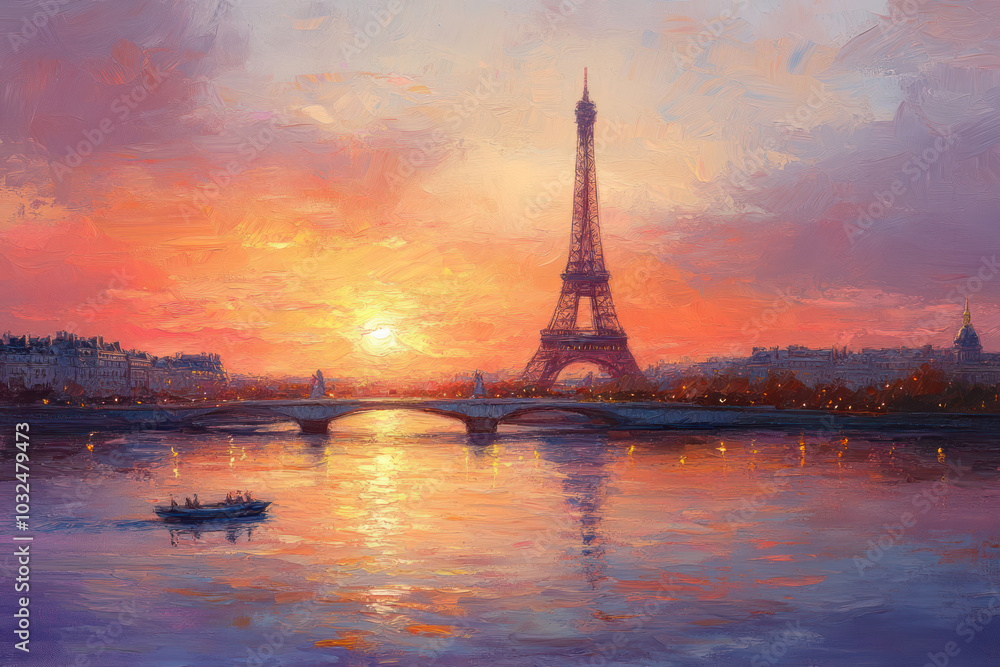 Naklejka premium oil painting on paper of France at sunset