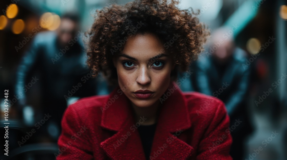 A woman wearing a red coat stares intensely in a busy city street; two figures in dark jackets blur in the background, adding motion to the urban scene. A woman wearing a red coat stares intensely in a busy city street; two figures in dark jackets blur in the background, adding motion to the urban scene.