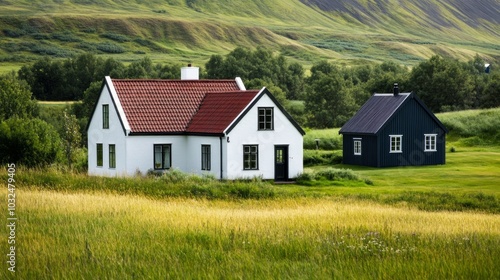 Wallpaper Mural A serene landscape featuring two houses amidst lush greenery and rolling hills. Torontodigital.ca