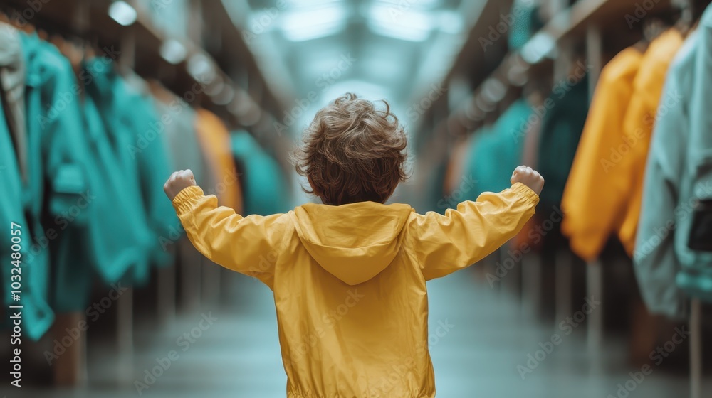 A young child enthusiastically explores a vibrant store aisle filled with colorful jackets, depicting innocence and joy within a lively shopping environment. A young child enthusiastically explores a vibrant store aisle filled with colorful jackets, depicting innocence and joy within a lively shopping environment.