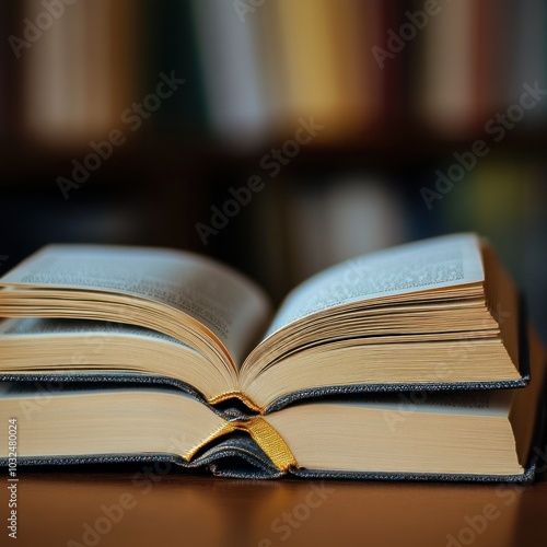 Open book on a wooden table with a blurred bookshelf in the background.