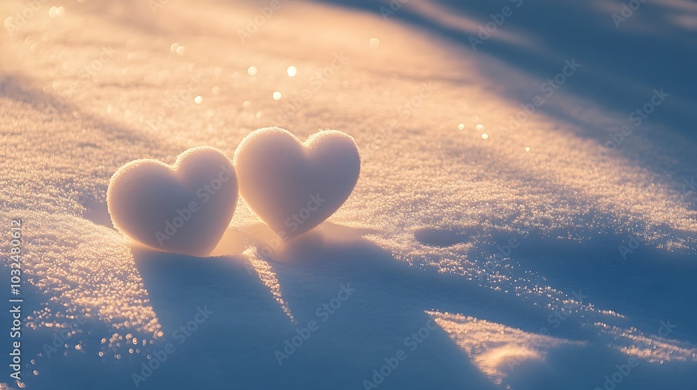 Fototapeta premium Two Snowy Hearts Basking in Radiant Sunlight a Romantic and Enchanting Tableau