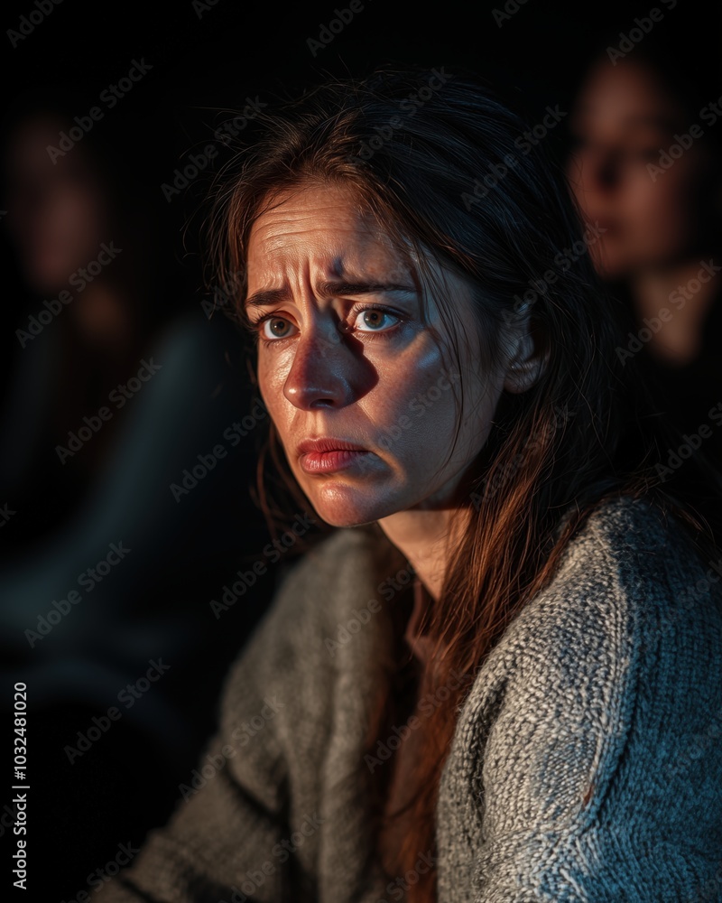 Worried woman in dim light with intense expression and textured sweater Worried woman in dim light with intense expression and textured sweater
