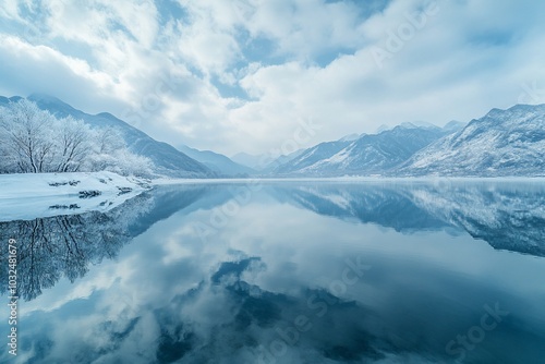 Wallpaper Mural Calm, serene mountain lake with snow-covered trees and a mirror-like reflection of the clouds in the water. Torontodigital.ca