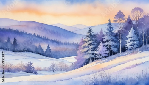 In a serene winter watercolor landscape, layers of soft, snow-covered hills blend harmoniously with frosted trees, bathed in the warm hues of dawn, creating a picturesque view