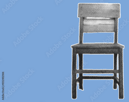 close up of wooden chair pixelate grayscale color halftone dotted texture style collage element isolated on blue background
