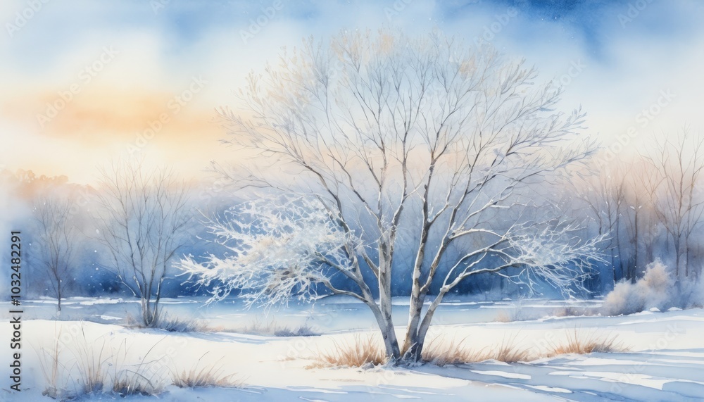 The winter watercolor landscape showcases a solitary tree standing in a snow-covered field, bathed in soft pastel hues of a setting sun. Gentle flurries dance in the air as the scene exudes calmness The winter watercolor landscape showcases a solitary tree standing in a snow-covered field, bathed in soft pastel hues of a setting sun. Gentle flurries dance in the air as the scene exudes calmness
