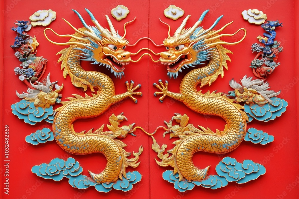 Golden chinese dragons on vibrant red background with clouds and mythical elements Golden chinese dragons on vibrant red background with clouds and mythical elements
