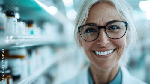 A female pharmacist with gray hair and glasses, smiling brightly in a pharmacy. The shelves stocked with medicine bottles are visible in the background.